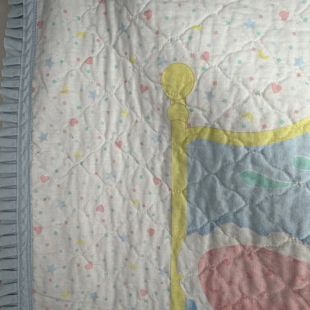 VTG Baby Crib Quilt Blanket‎ Blue Bear Elephant Duck Hearts Boys Nursery Decor